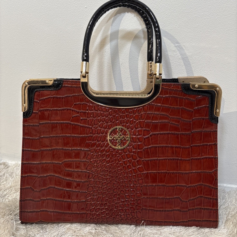 Stauer Faux Leather Crocodile Embossed Red Wine Black Gold Purse Hand Tote Bag